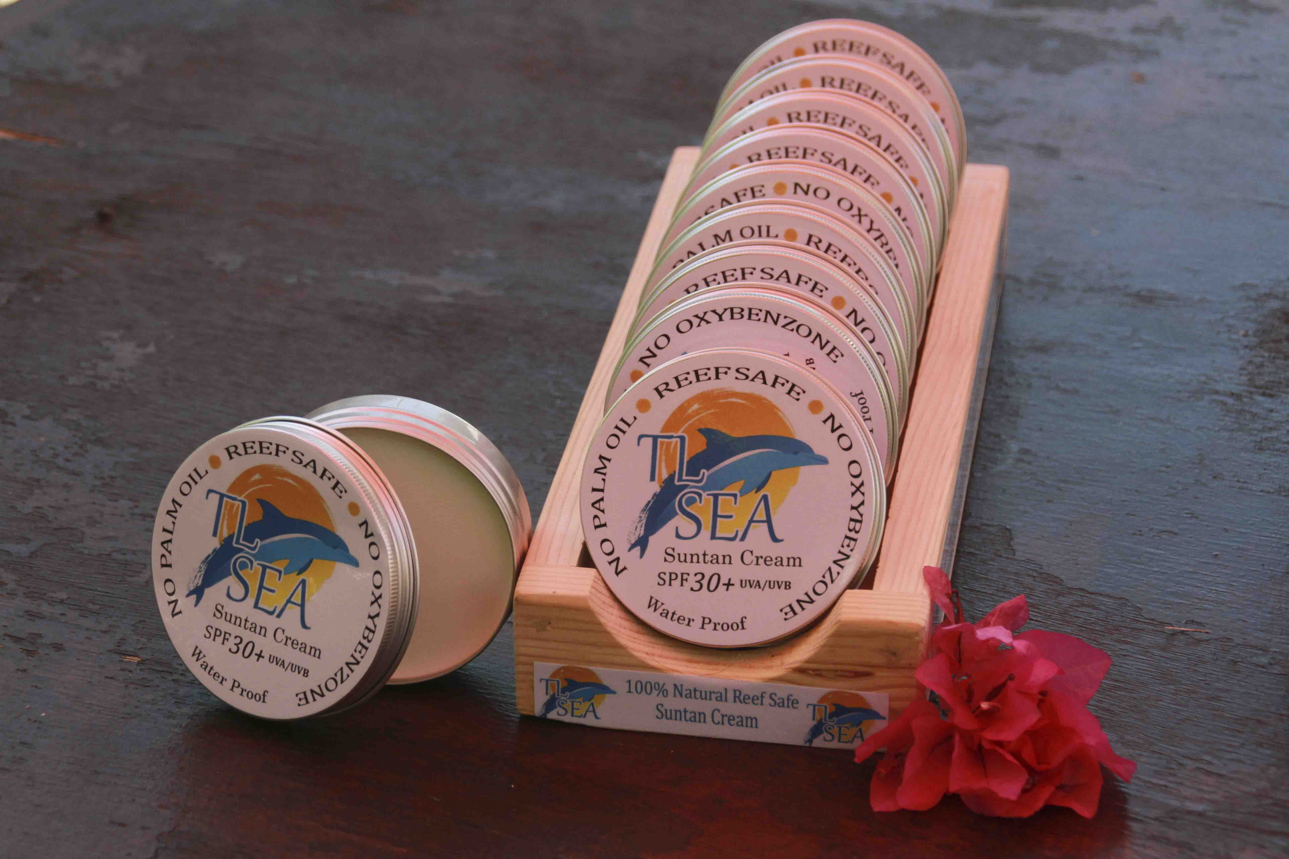 An example of reef-safe sunscreen, based on illipe butter, which we sell at the resort.